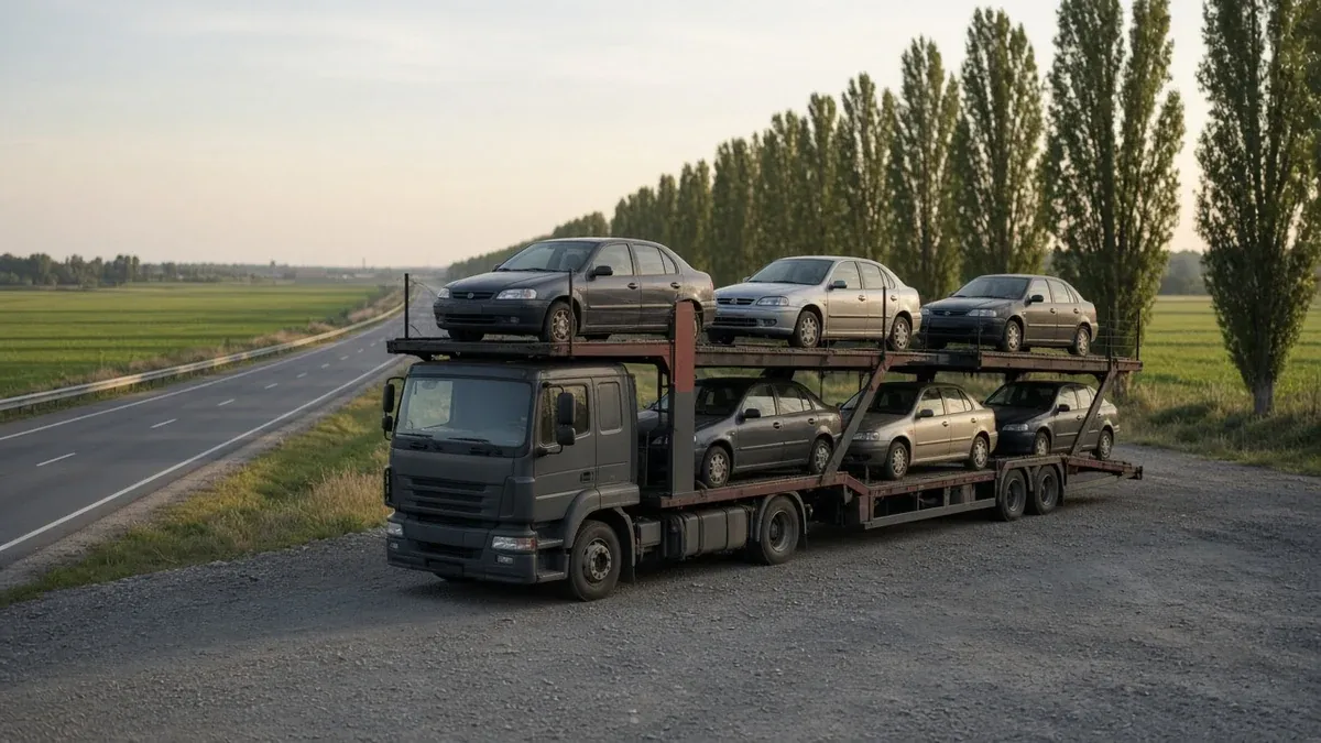 Ілюстрація (згенеровано ШІ): двоярусний автовоз із вживаними авто на майданчику відпочинку біля автомагістралі.